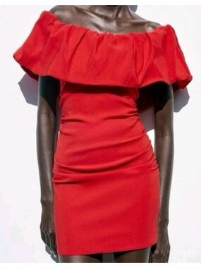 Zara Red Off-Shoulder Ruffle Ruched Bodycon Dress Women's S Mini